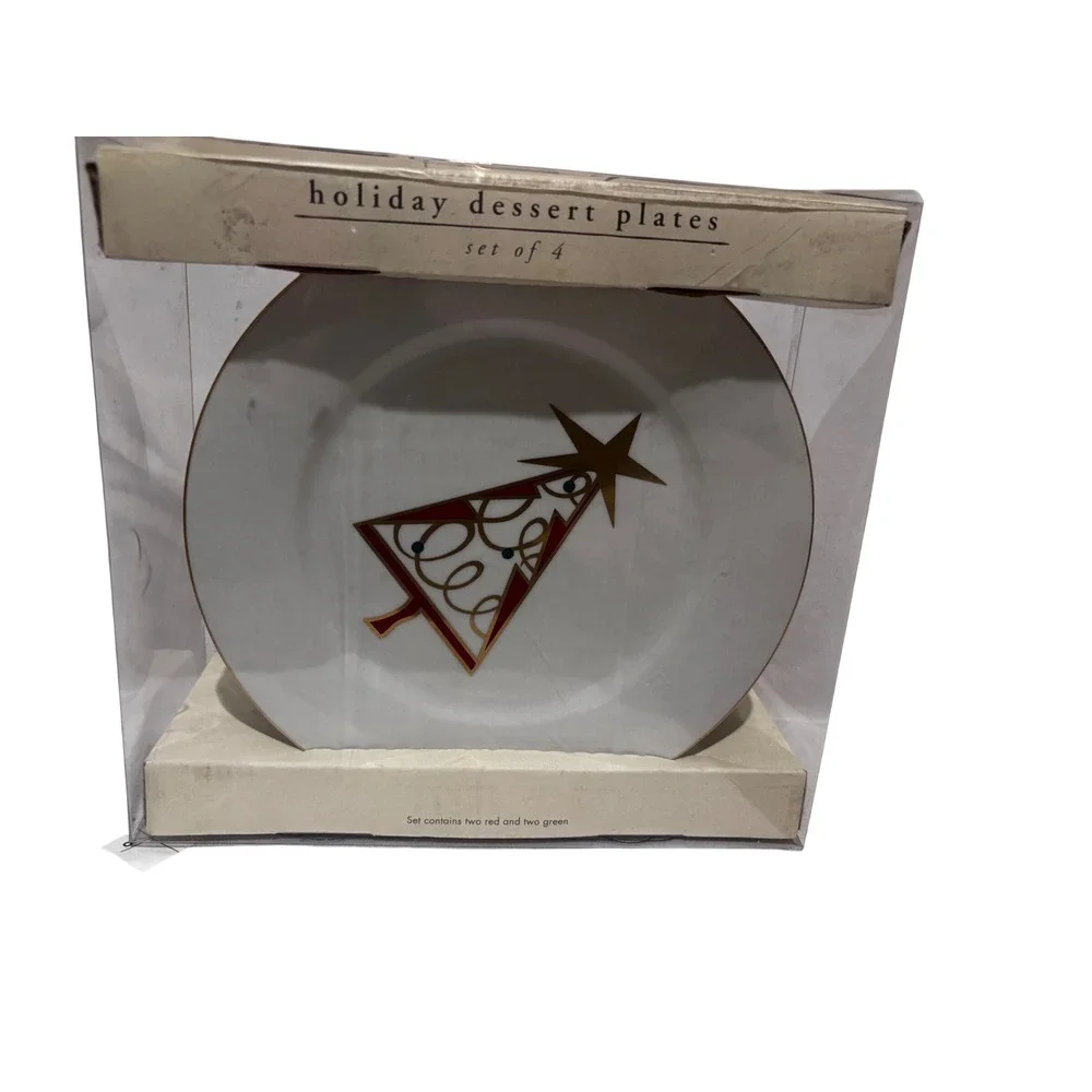 New Pier 1 Imports Holiday Dessert Plates Set of 4 Christmas Tree Red Green Gold